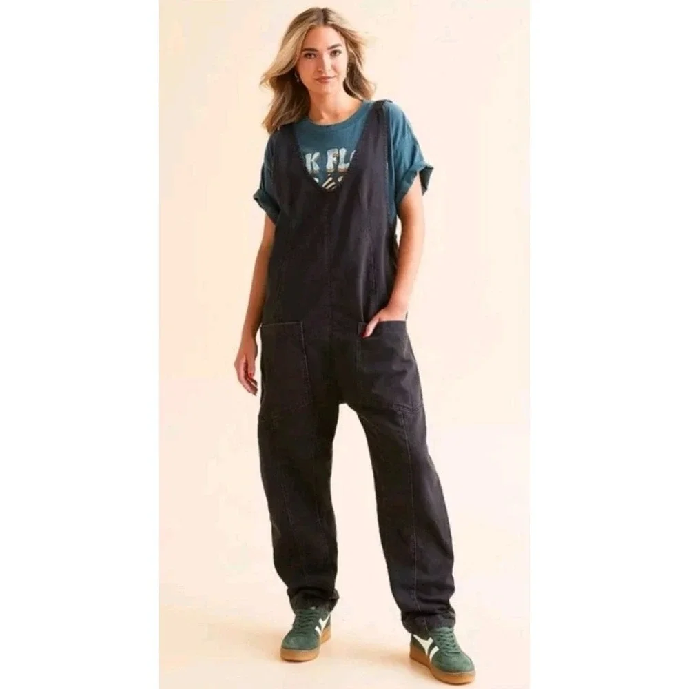 NWT Free People We The Free High Roller Overalls Mineral Black XXL Cotton